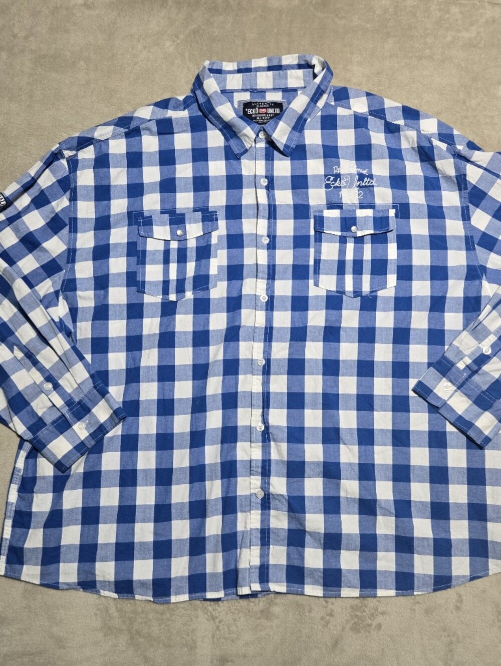 Ecko Unlimited Men’s Blue & White Gingham Button-Down Shirt Size 6XL Classic 90s